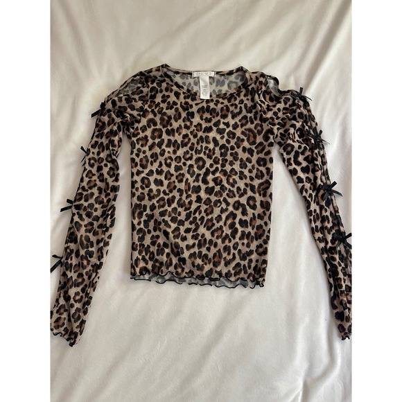 Full Tilt Tops - Full Tilt Leopard Mesh Top Long Sleeve Bow Cold Shoulder Brown Animal Print S